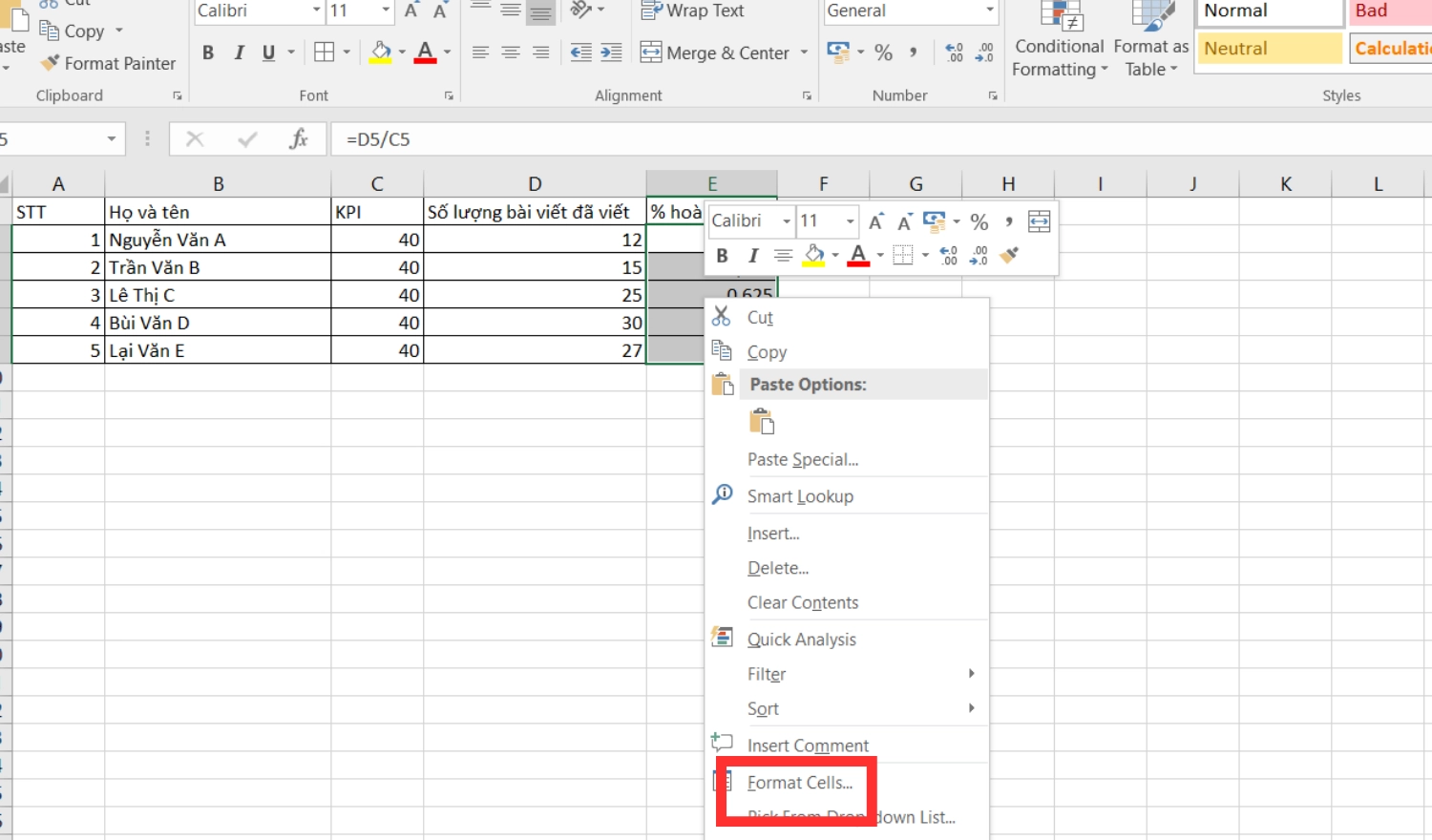 Bôi đen nhấn chuột phải chọn Format Cells