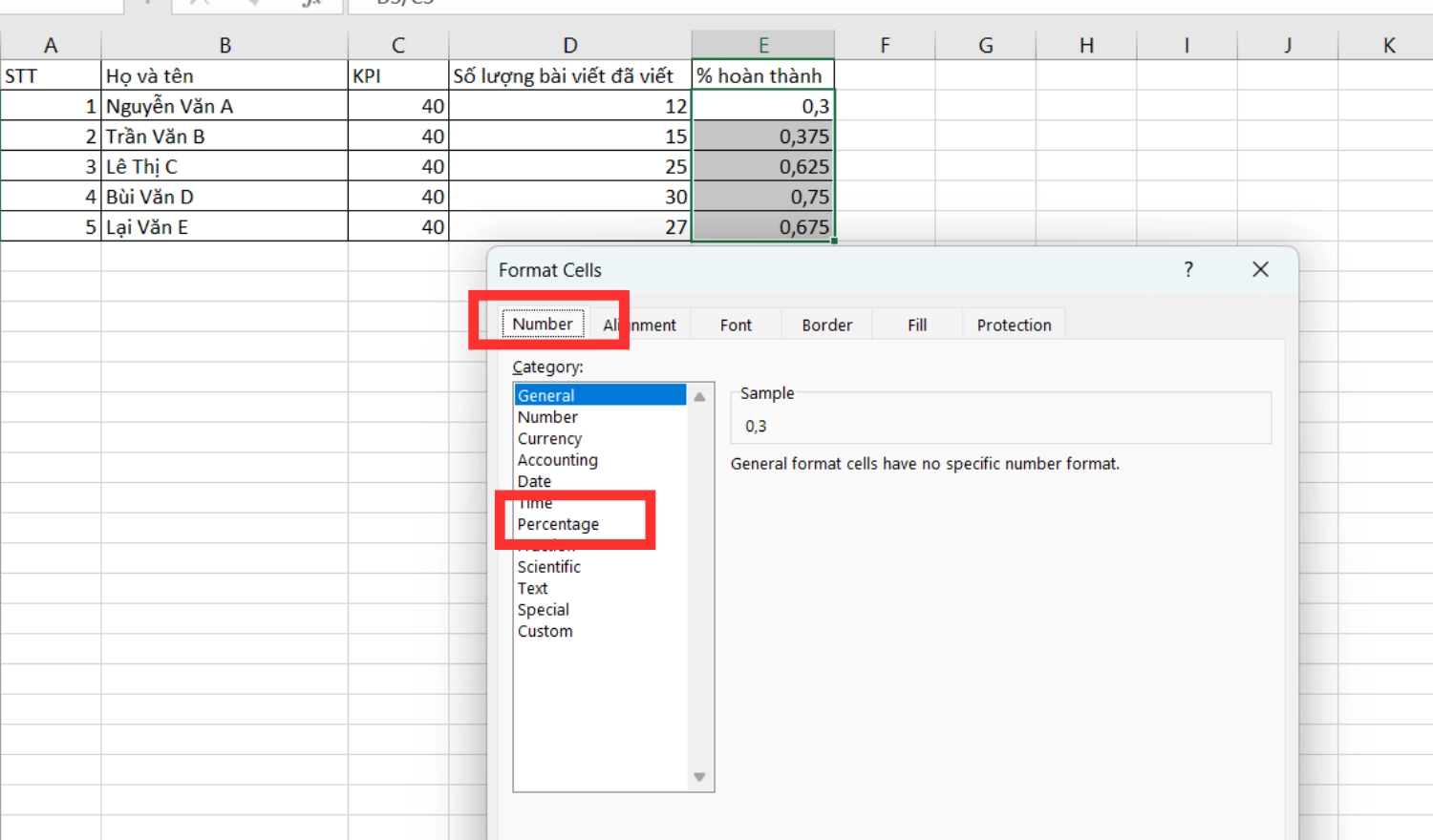 Chọn Percentage trong mục Number