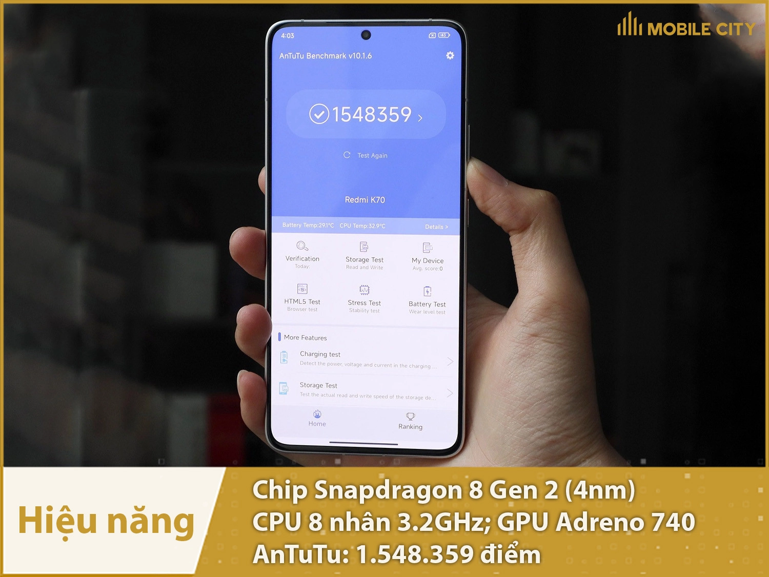 Redmi K70 có hiệu năng mạnh mẽ với gần 1,55 triệu điểm AnTuTu