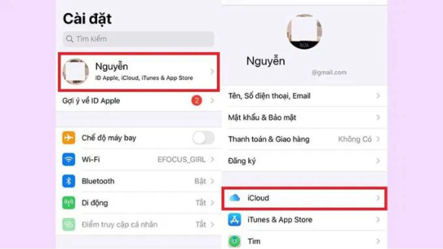 Mở ứng dụng Cài đặt, chọn tên tài khoản của bạn, sau đó nhấn vào mục iCloud