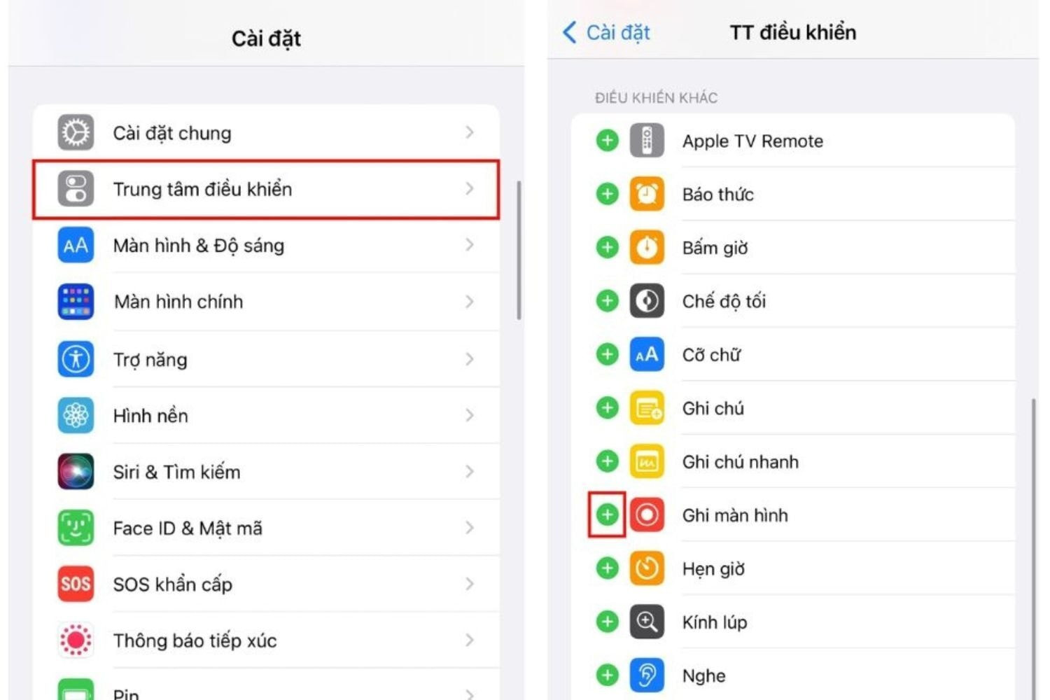Cài đặt > Trung tâm điều khiển > Biểu tượng dấu +