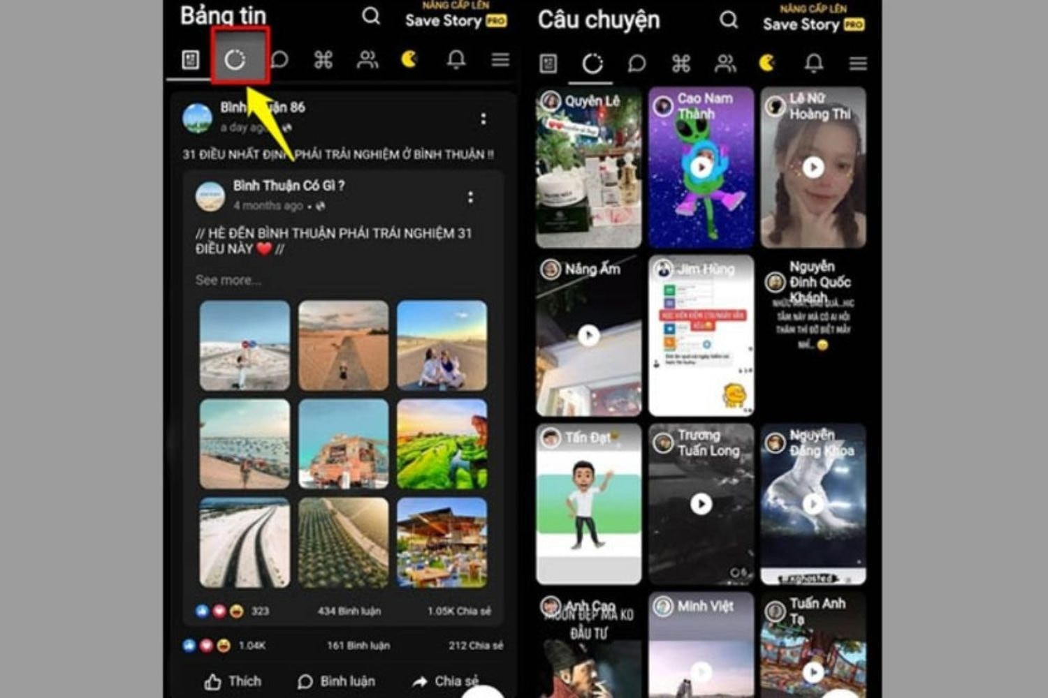 Nhấn vào biểu tượng story nằm ở góc trái phía trên (gần biểu tượng bản tin)
