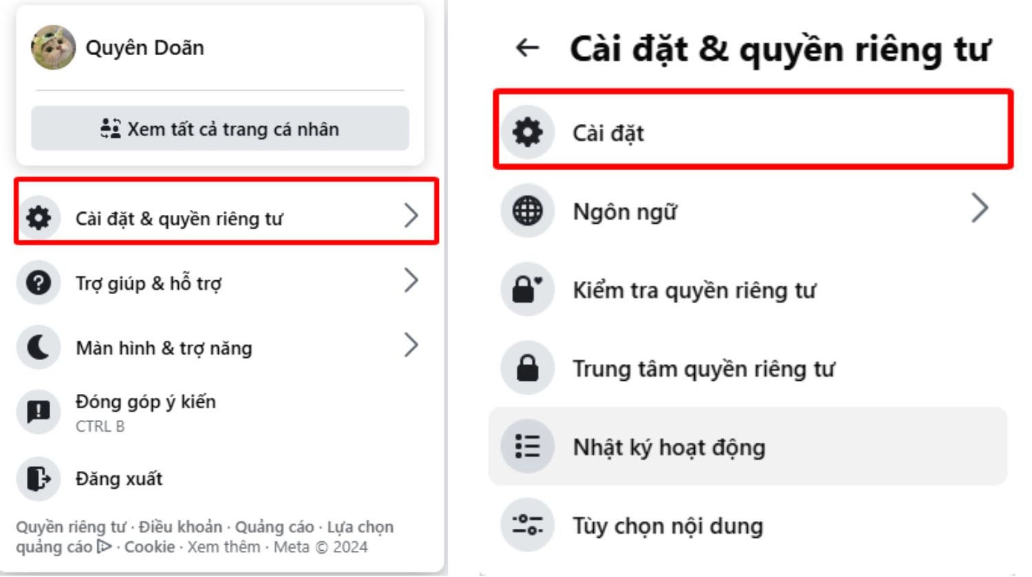 Vào Cài đặt & quyền riêng tư > Cài đặt