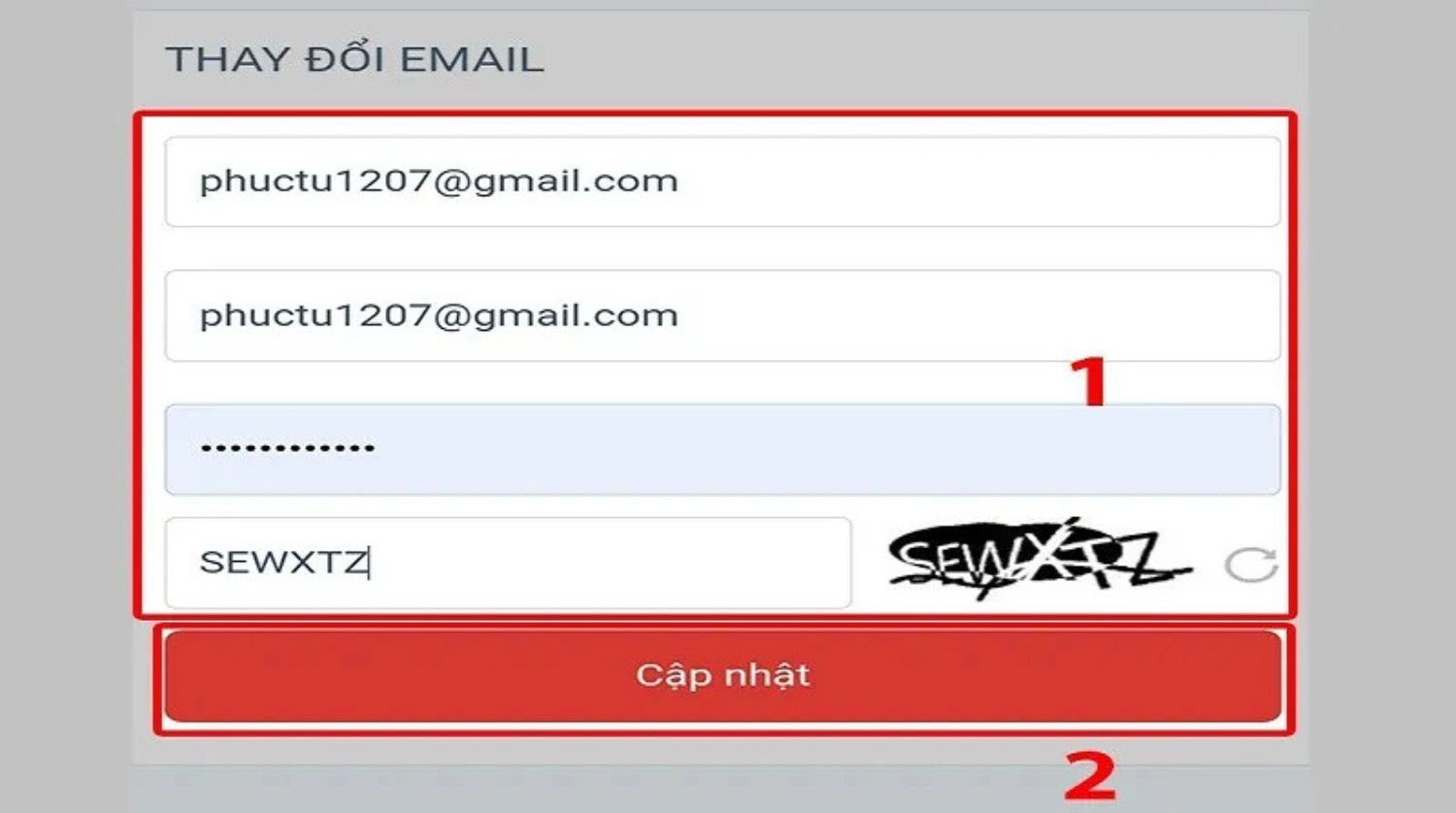 Xóa địa chỉ gmail cũ và nhập gmail mới, sau đó, nhấn Cập nhậ