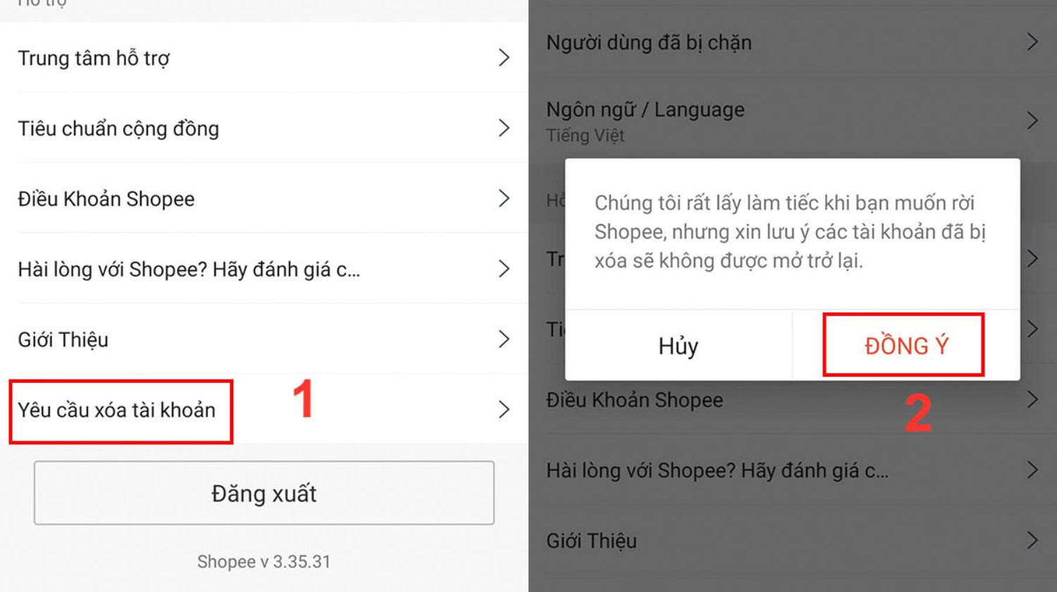 Chọn mục “Yêu cầu xóa tài khoản” >  Nhấn “Đồng ý”