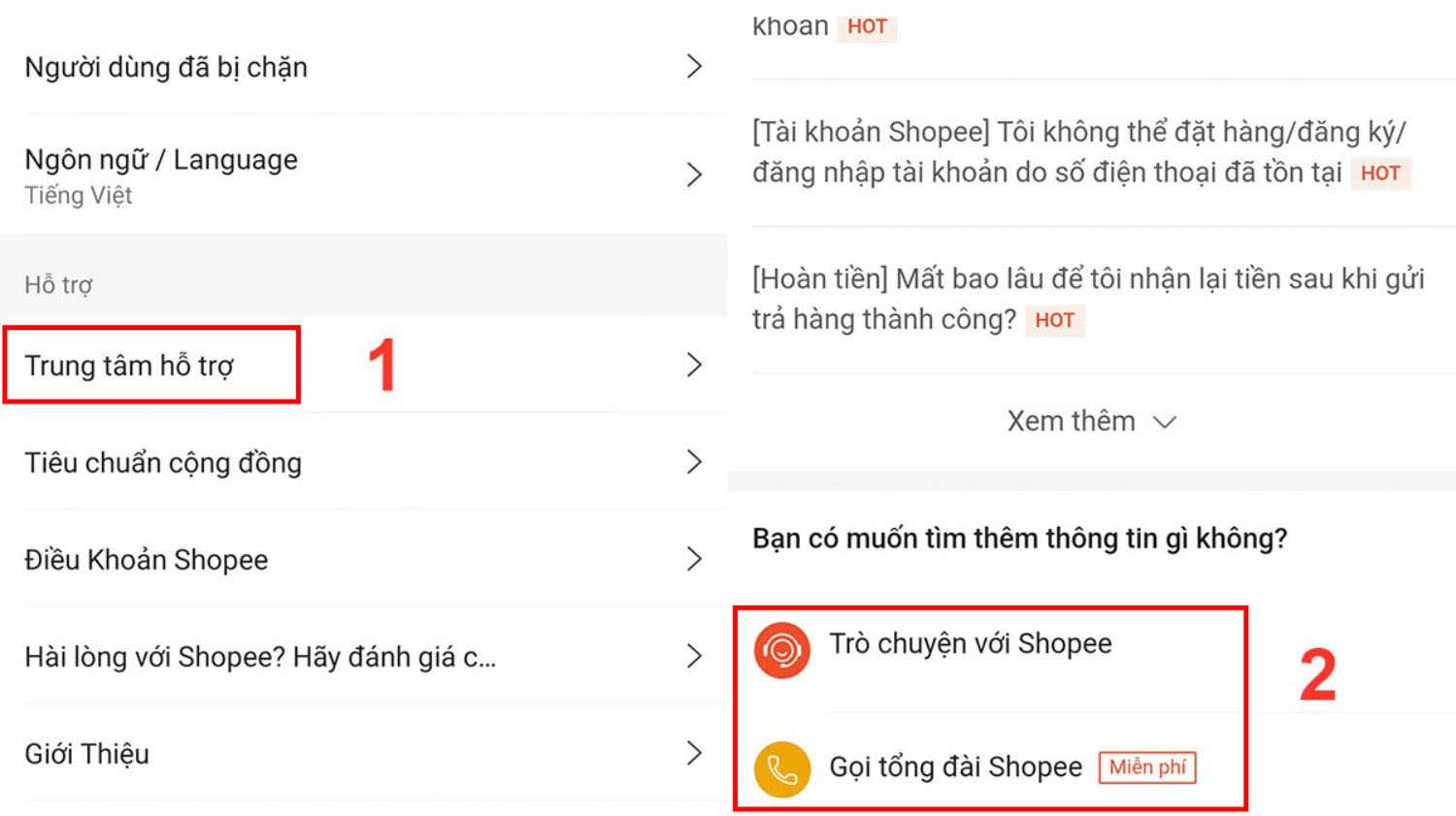 Yêu cầu bộ phận hỗ trợ Shopee