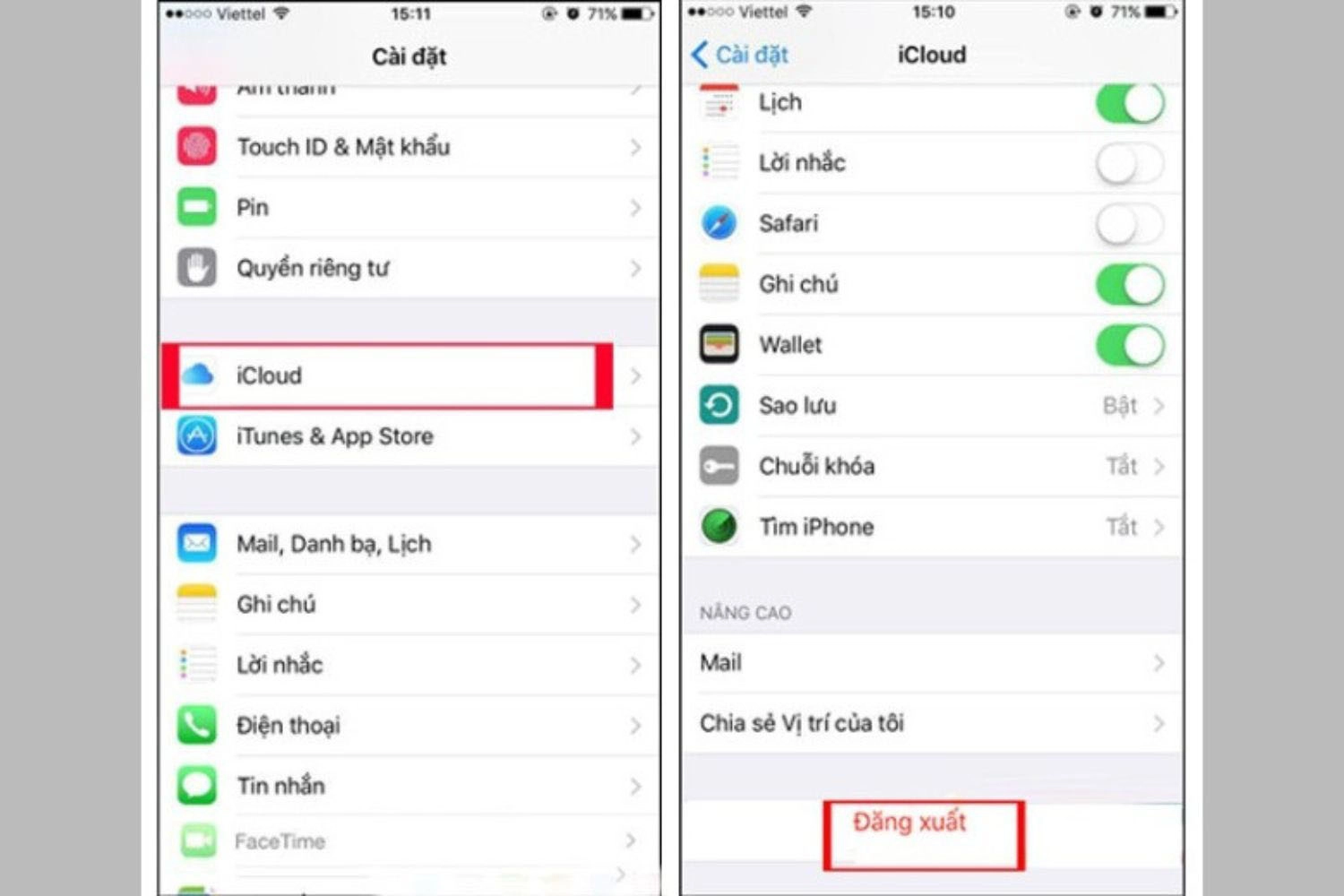 Cài đặt > Tài khoản iCloud > Đăng xuất