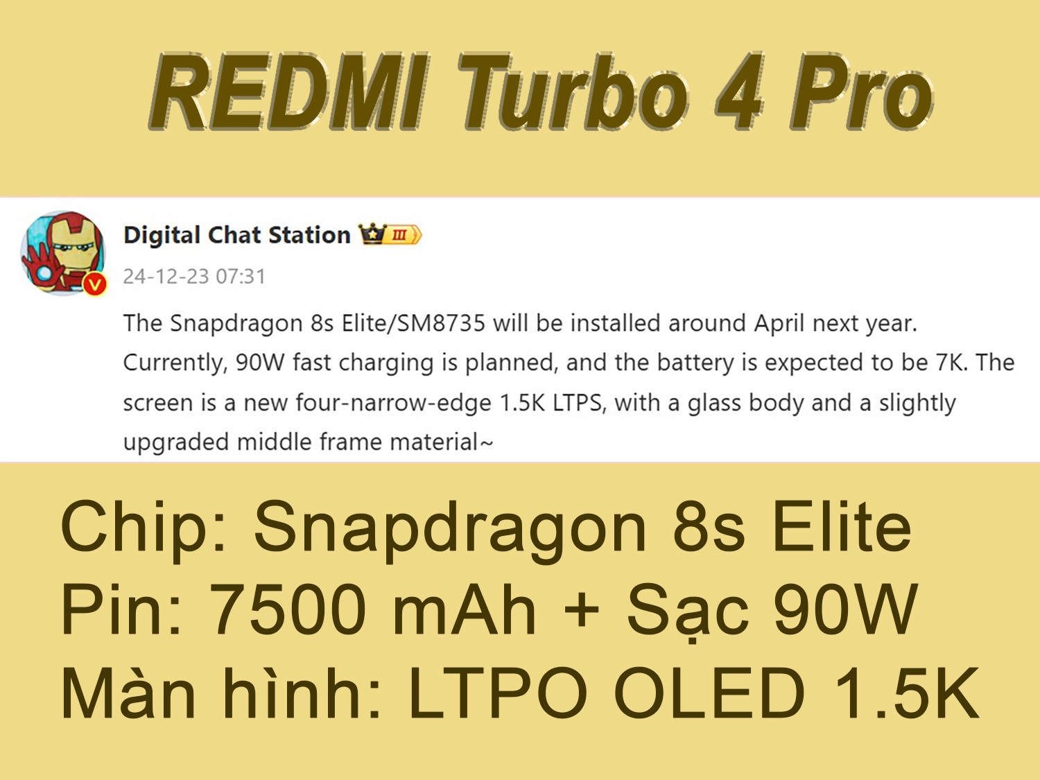 Digital Chat Station tiết lộ, REDMI Turbo 4 Pro có chip Snapdragon 8s Elite