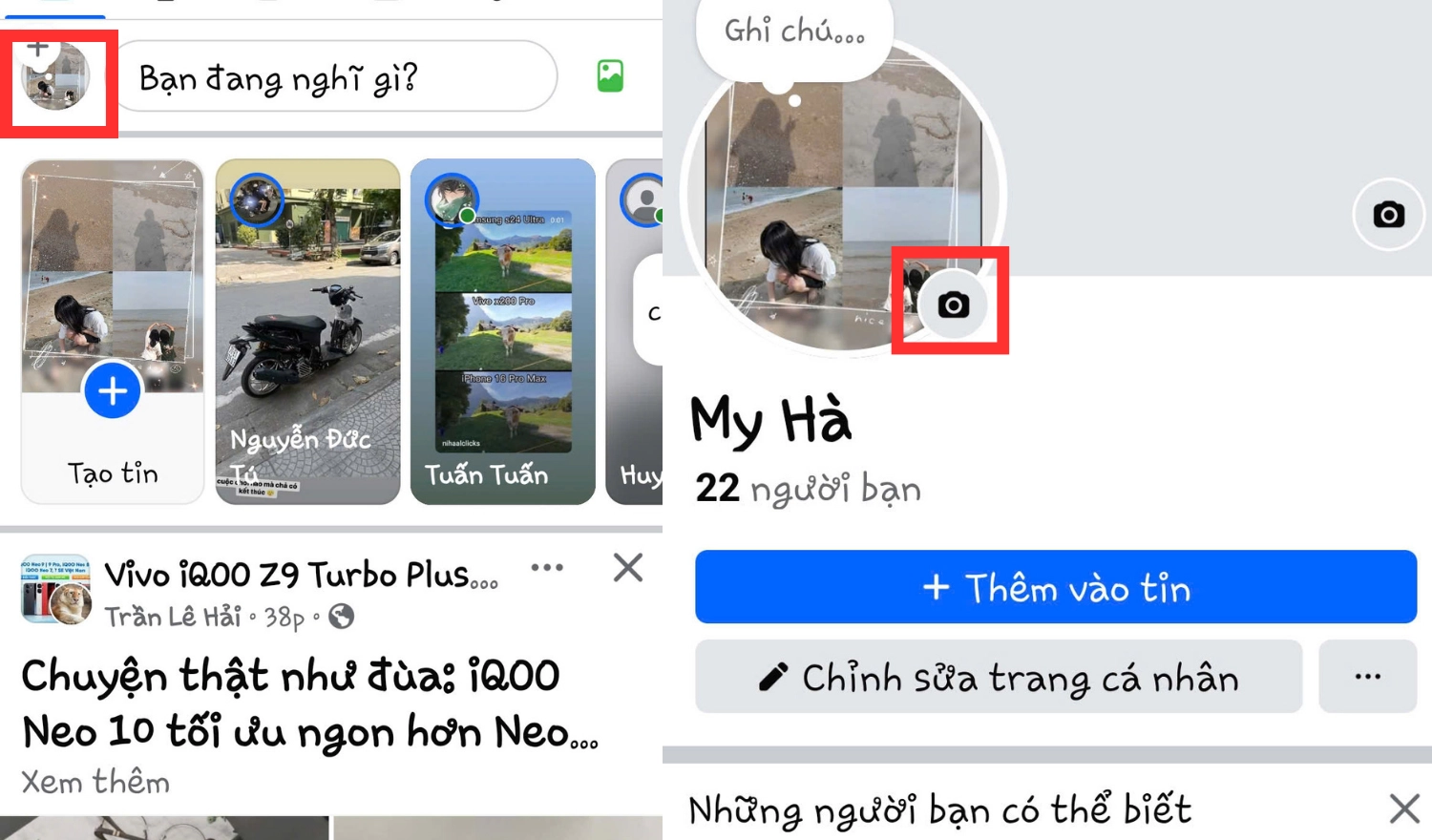 Chọn icon ảnh đại diện và nhấn vào biểu tượng camera