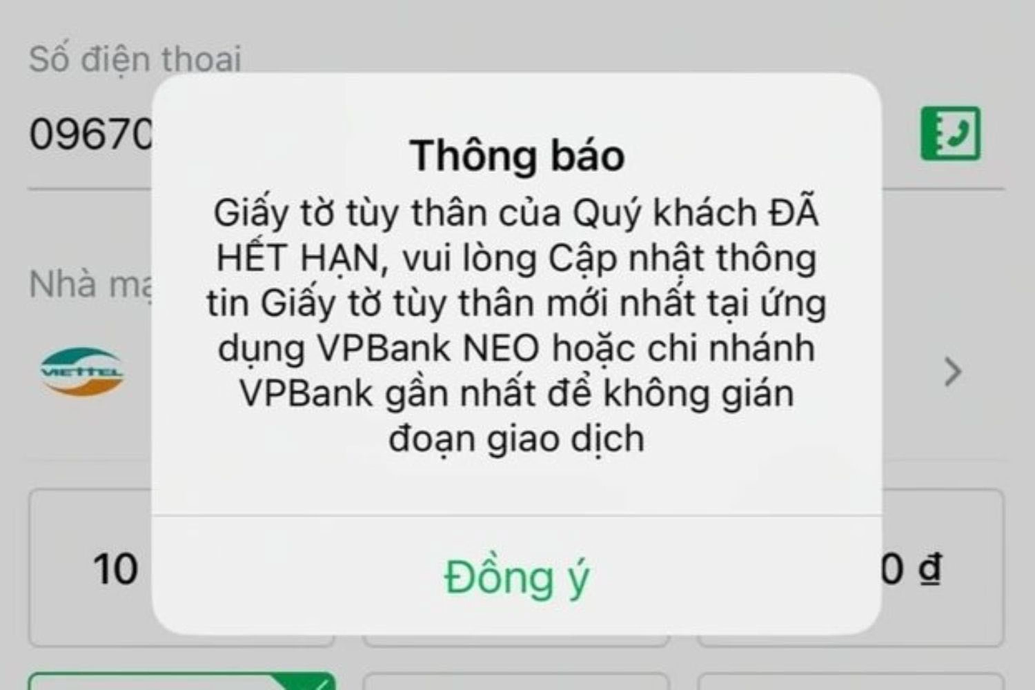 Giao dịch của khách hàng bị gián đoạn do Giấy tờ tùy thân hết hạn