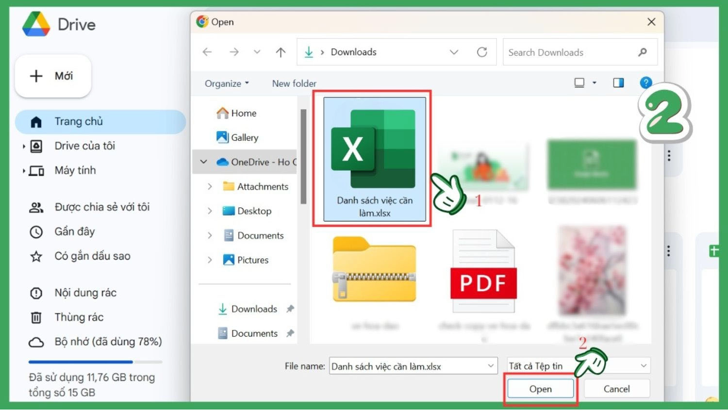 Chọn file Excel bạn muốn tải > Open