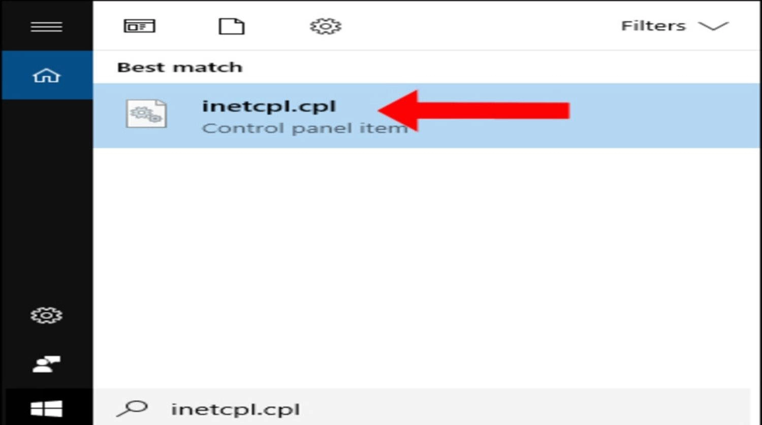 Gõ từ khóa inetcpl.cpl vào thanh tìm kiếm