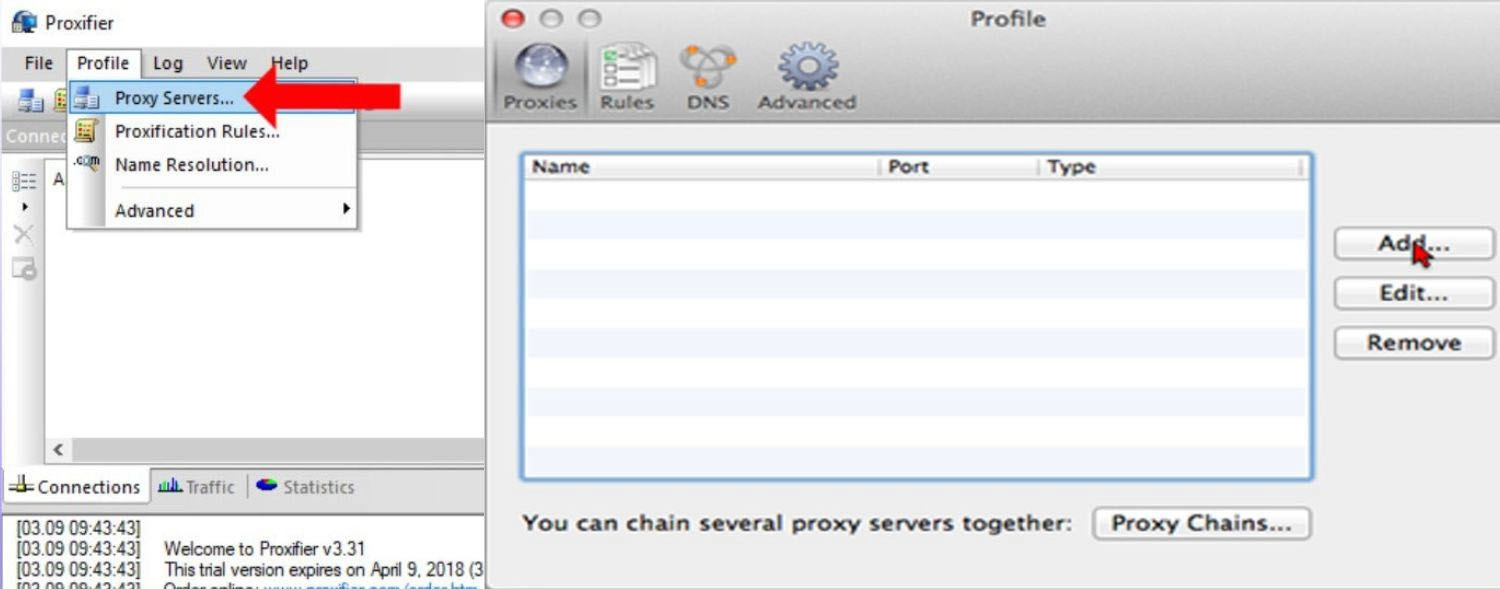 Chọn Profile > Proxy Servers > Nhấn Add