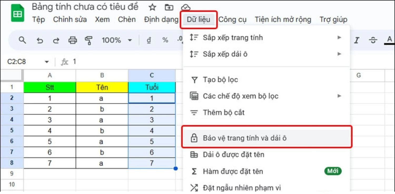 Dữ liệu > Bảo vệ trang tính và dải ô