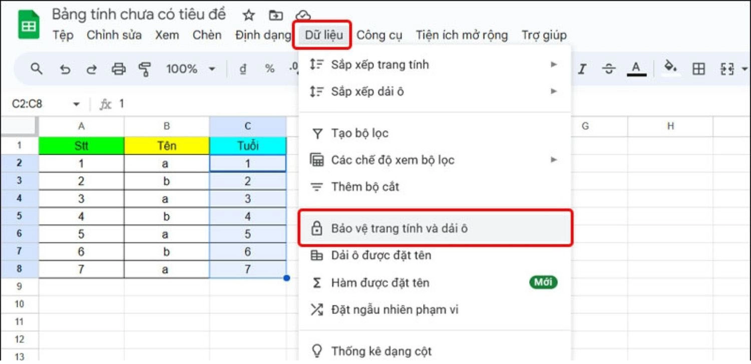 Dữ liệu > Bảo vệ trang tính và dải ô