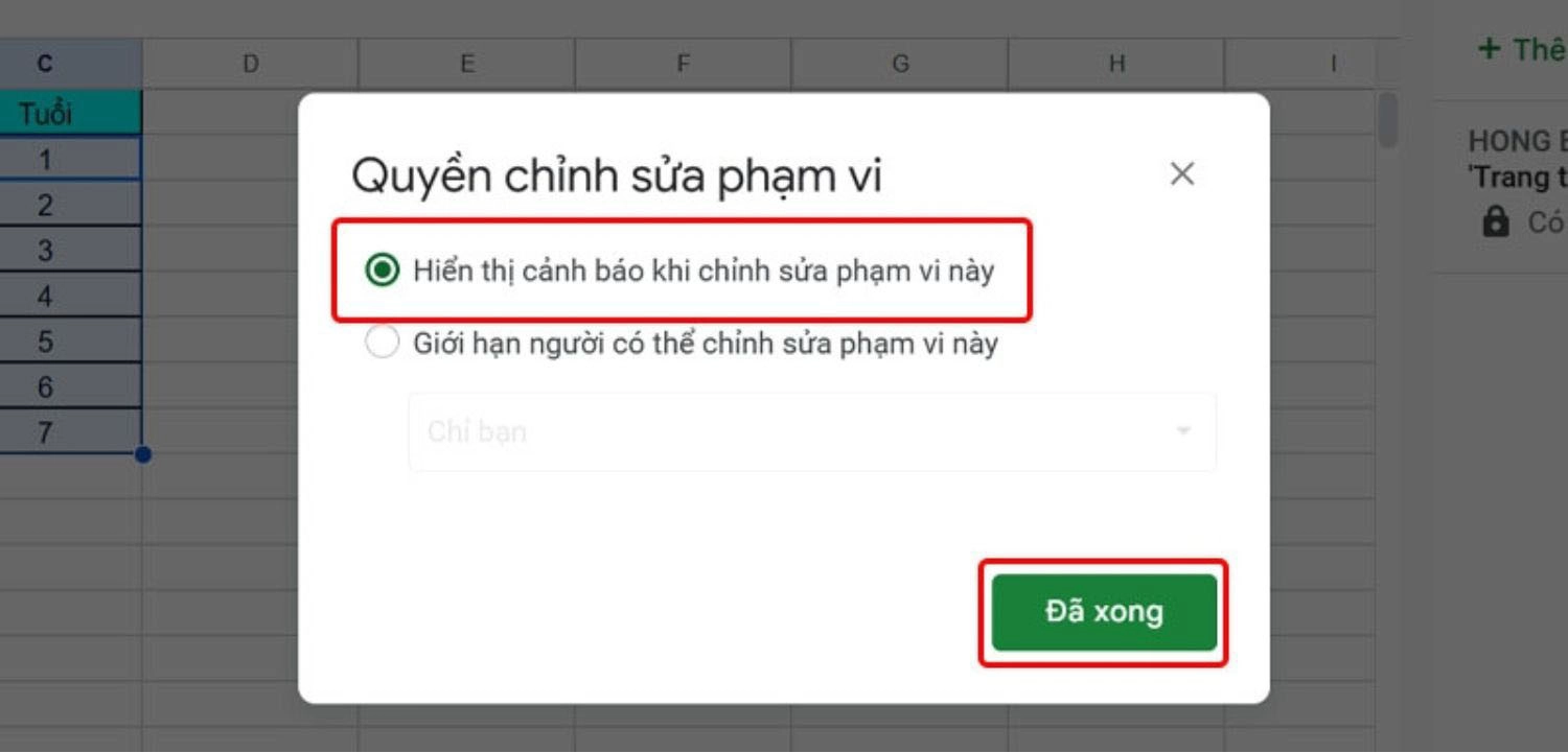 Tích chọn tùy chọn Hiển thị cảnh báo khi chỉnh sửa phạm vi này