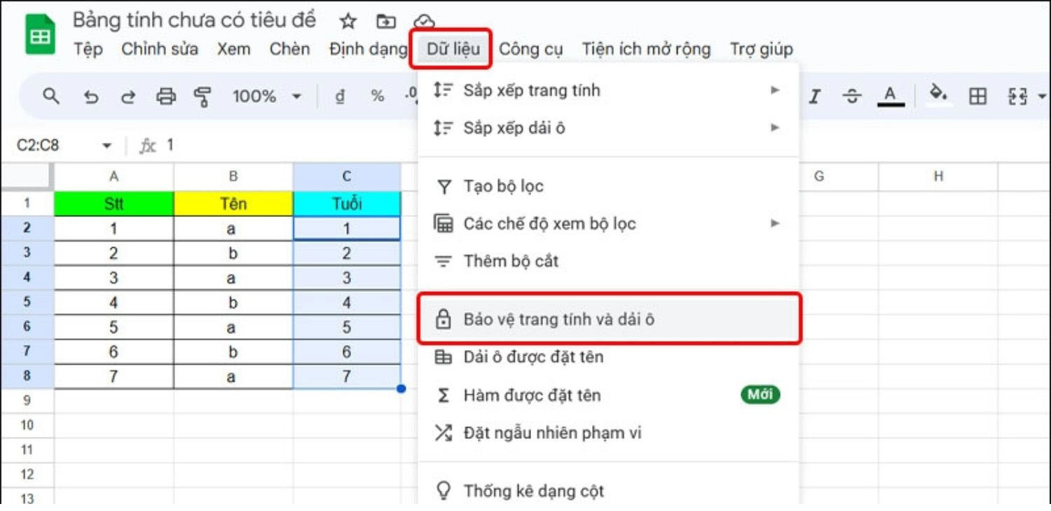 Dữ liệu > Bảo vệ trang tính và dải ô