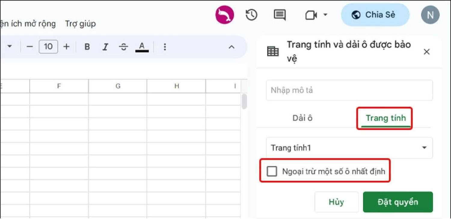 Chọn thẻ Trang tính > Chọn Ngoại trừ một số ô nhất định