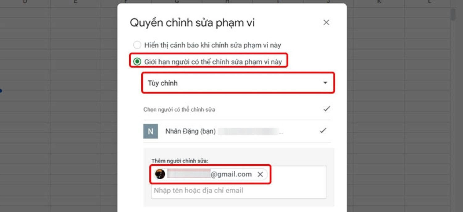 Chọn mục Giới hạn người có thể chỉnh sửa phạm vi này > Nhấn Tùy chỉnh > Chọn Đã xong