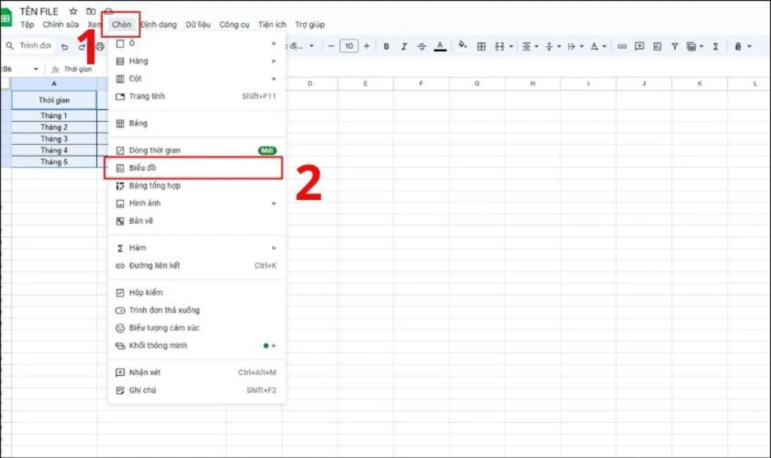 Chọn Insert > Chart