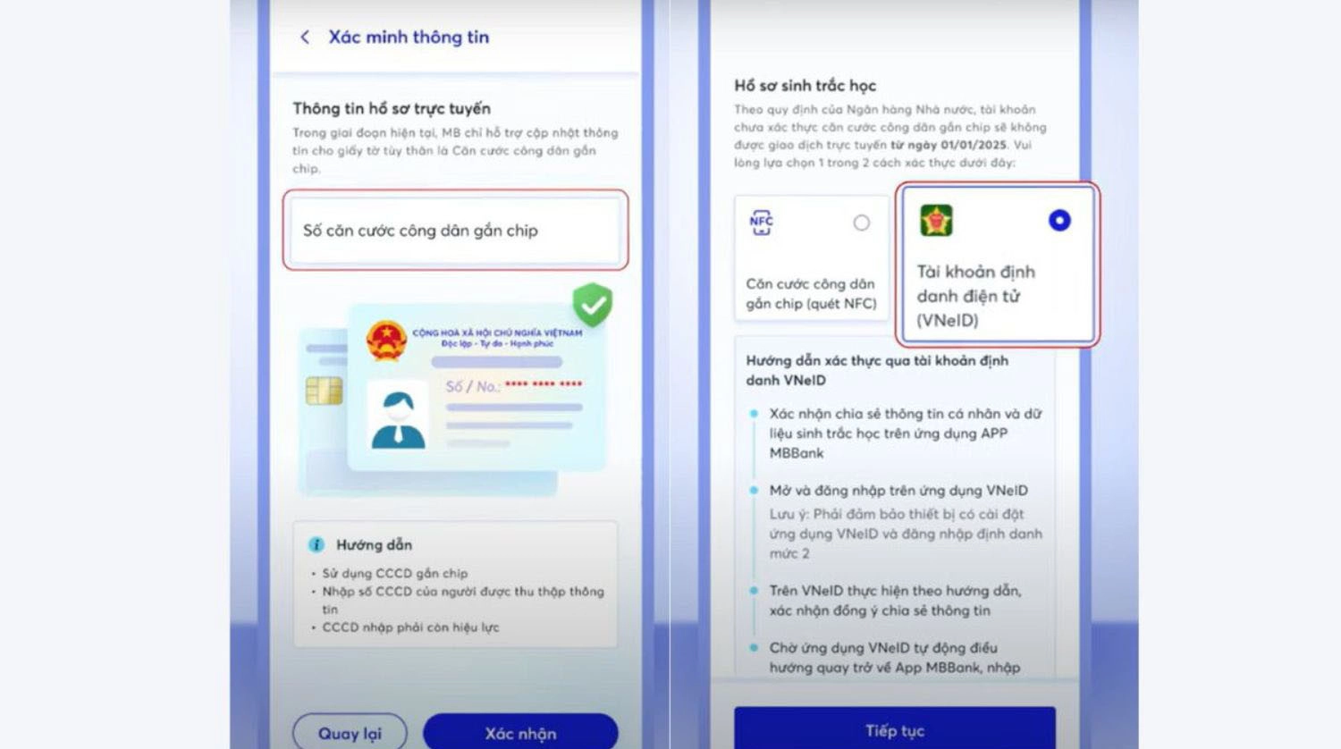 Nhập số CCCD > Tài khoản định danh điện tử (VNeID) > Tiếp tục