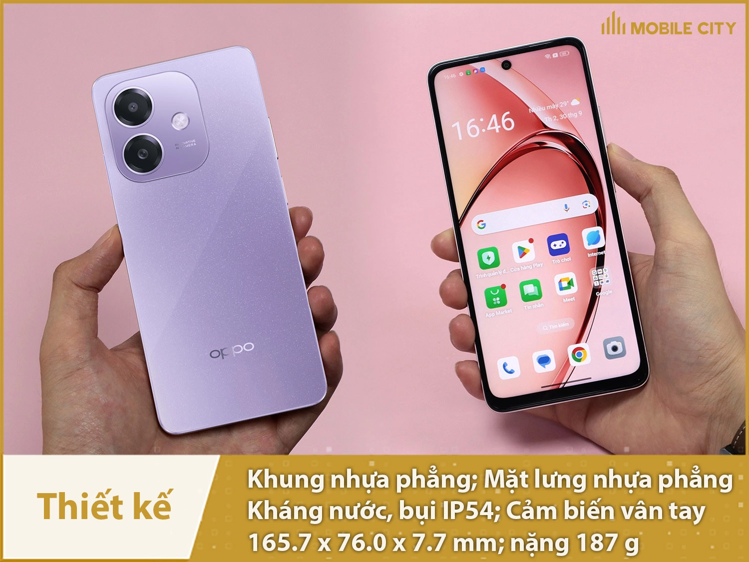 OPPO A3i có thiết kế vuông vức, hiện đại, có IP54