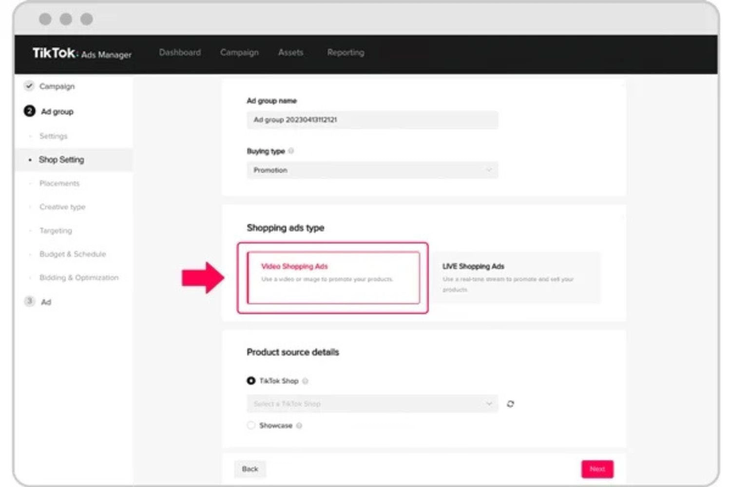 Chọn quảng cáo TikTok Shop bằng Video trong phần thiết lập quảng cáo