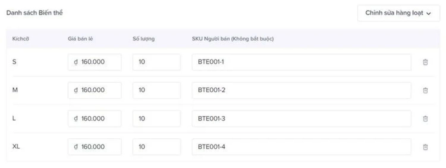 Nhập giá bán lẻ, số lượng tồn kho và tên SKU cho từng biến thể
