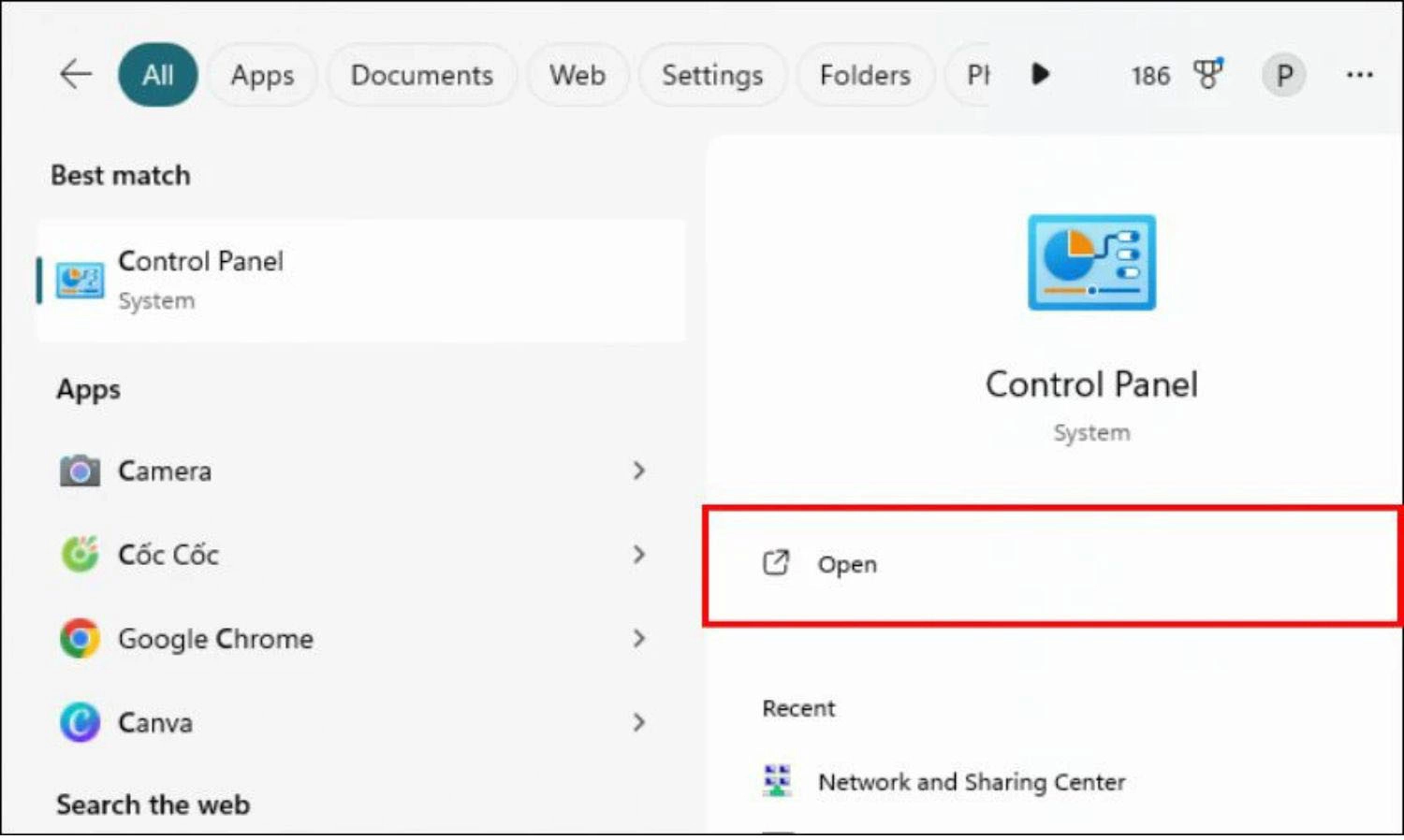 Tìm kiếm Control Panel và nhấn Open