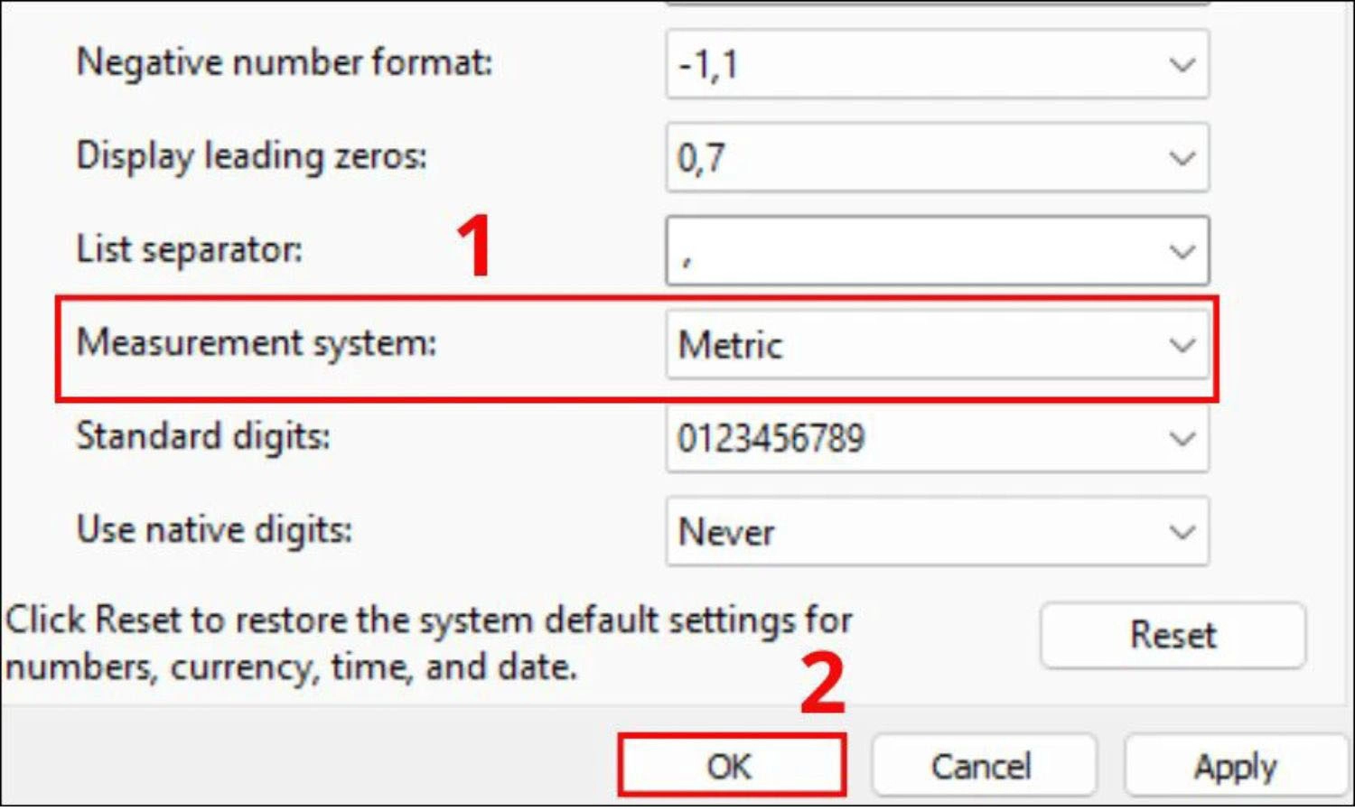 Chọn Metric để chuyển đơn vị từ inch sang cm