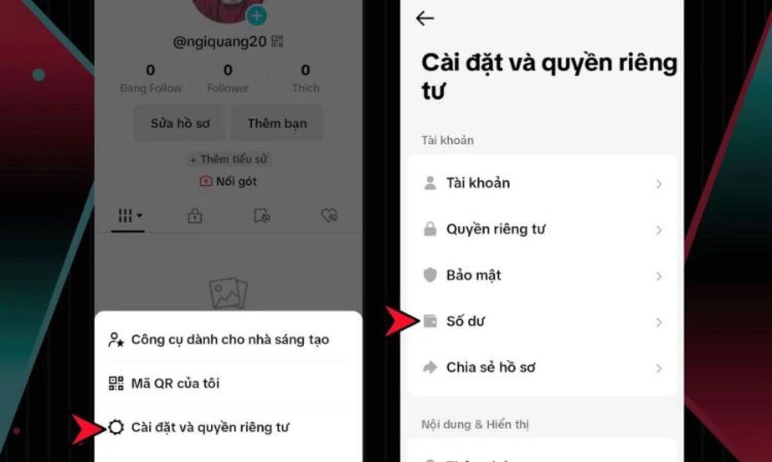 Chọn Cài đặt và quyền riêng tư > Chọn Số dư