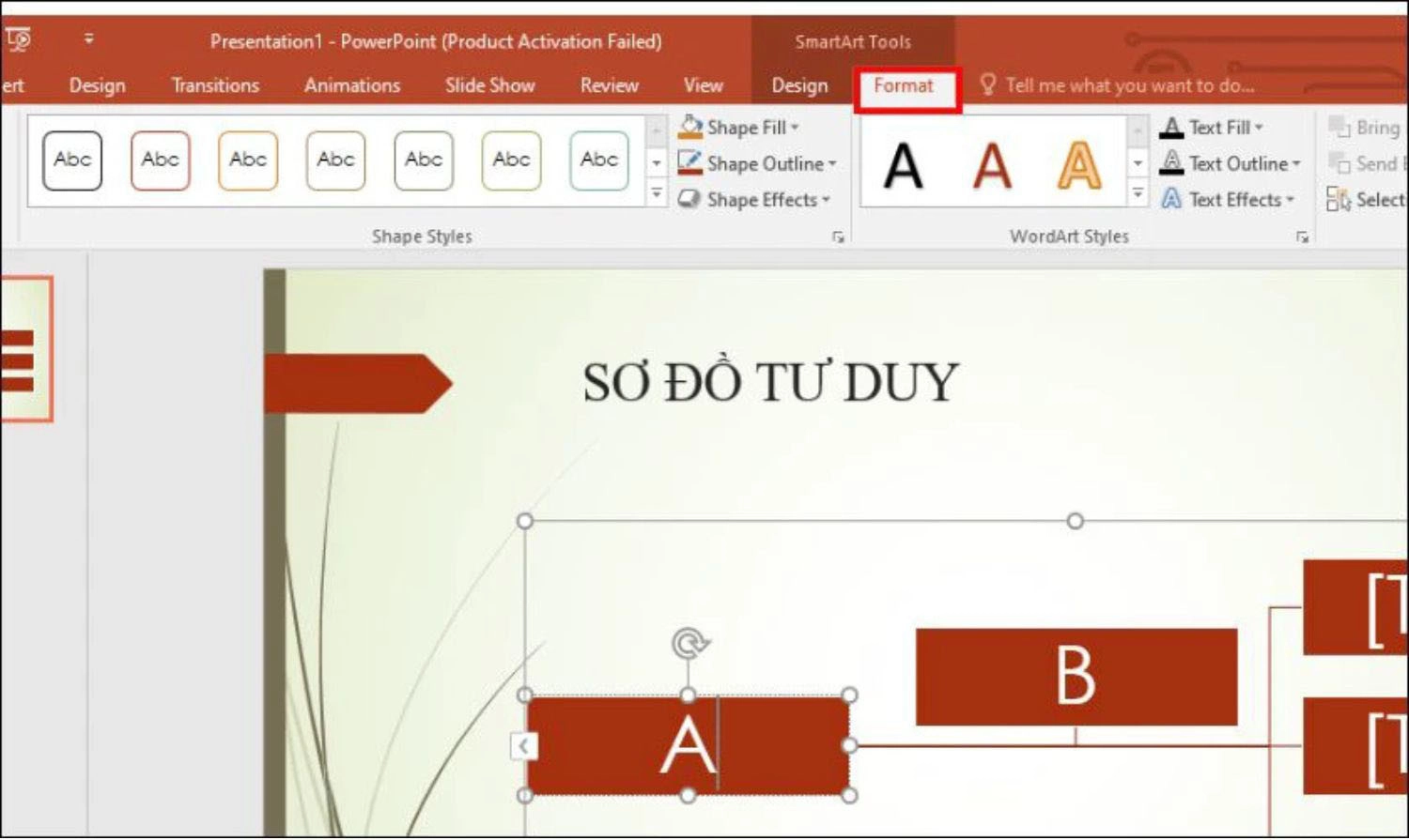 Vào Format để tùy chỉnh từng yếu tố của sơ đồ