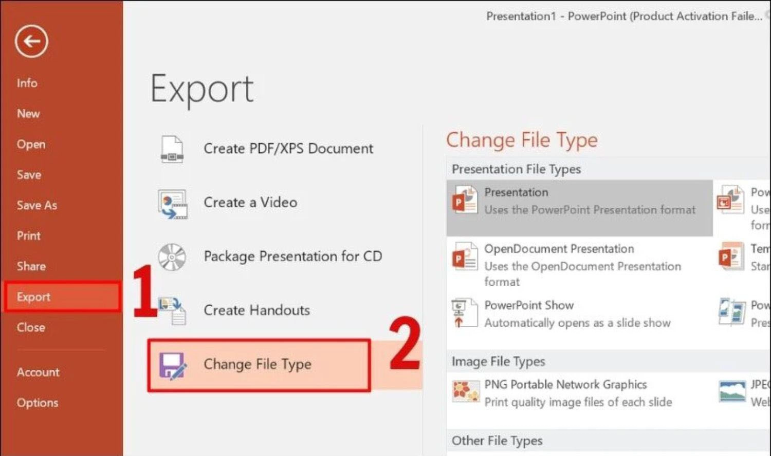 File > Export > Change File Type