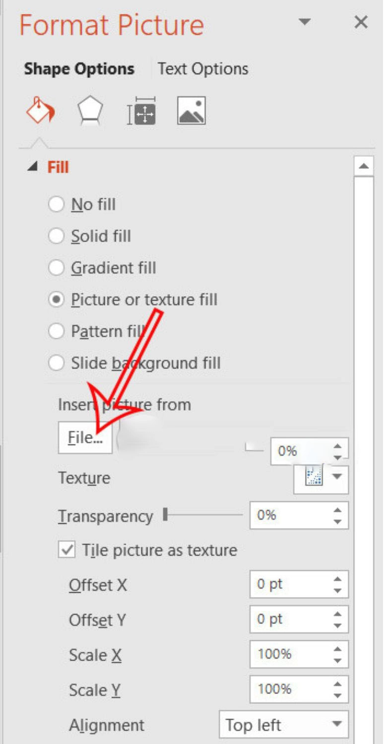 Tại Shape Options bạn chọn Fill rồi tích chọn Picture