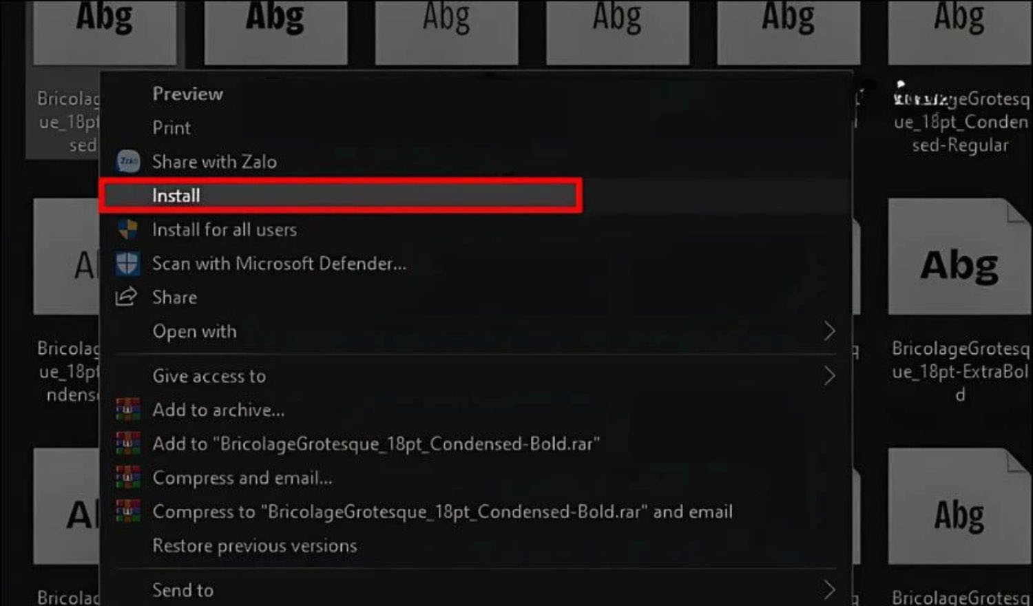 Nhấp chuột phải vào file font và chọn Install
