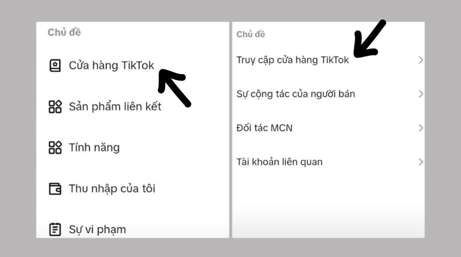 Chọn Cửa hàng TikTok > Truy cập vào cửa hàng TikTok