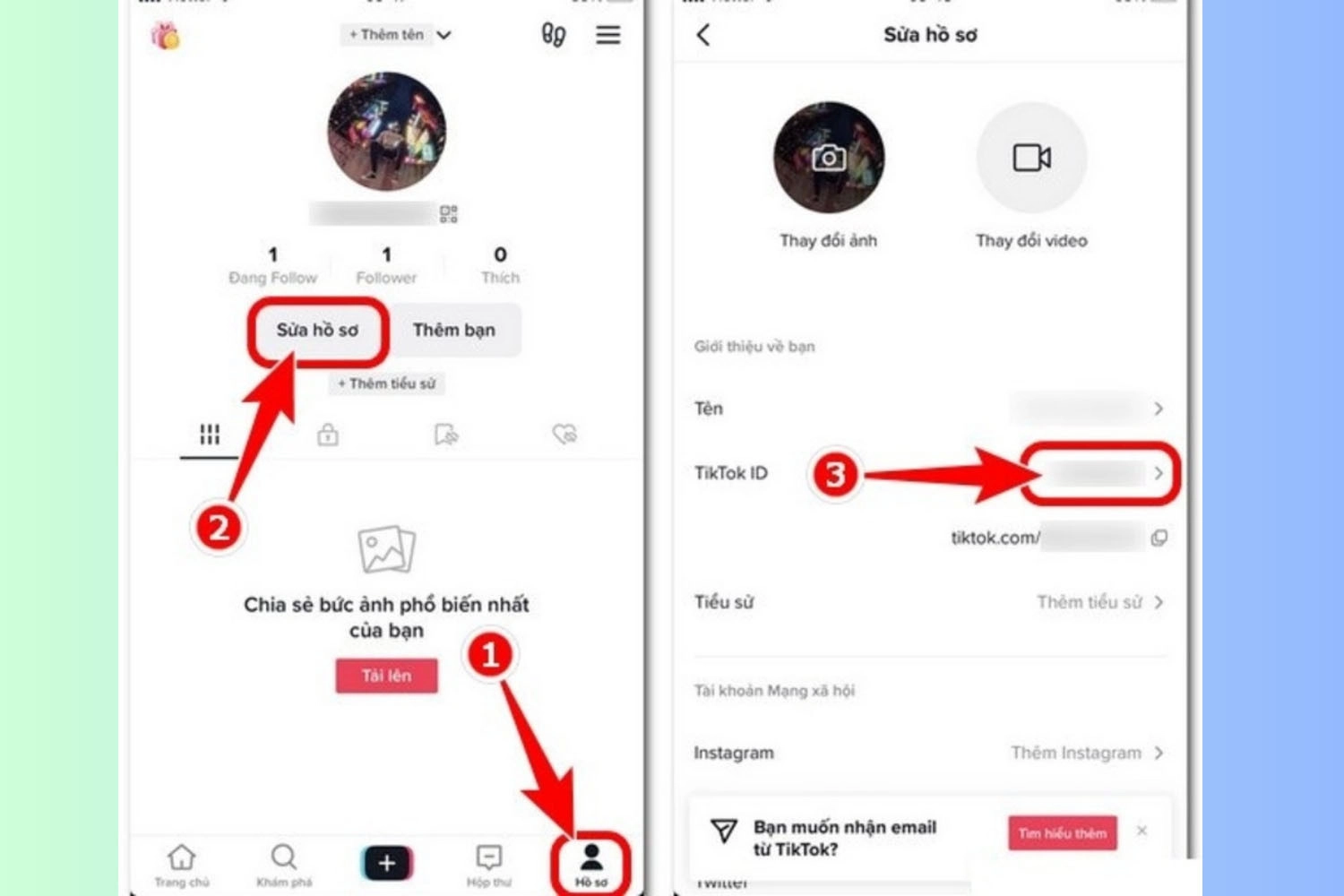 Vào Hồ sơ, chọn Sửa hồ sơ, tiếp đó chọn TikTok ID