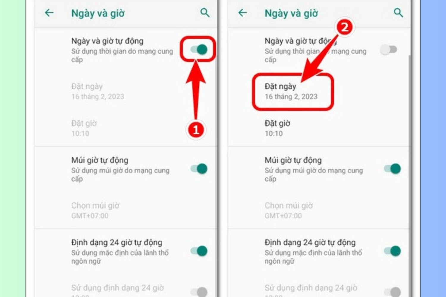Tắt tùy chọn Ngày và giờ tự động > Chọn Đặt ngày