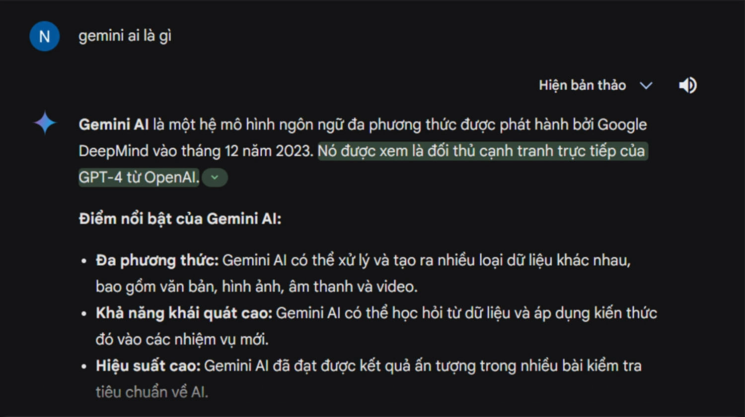 Gemini AI hiển thị câu trả lời