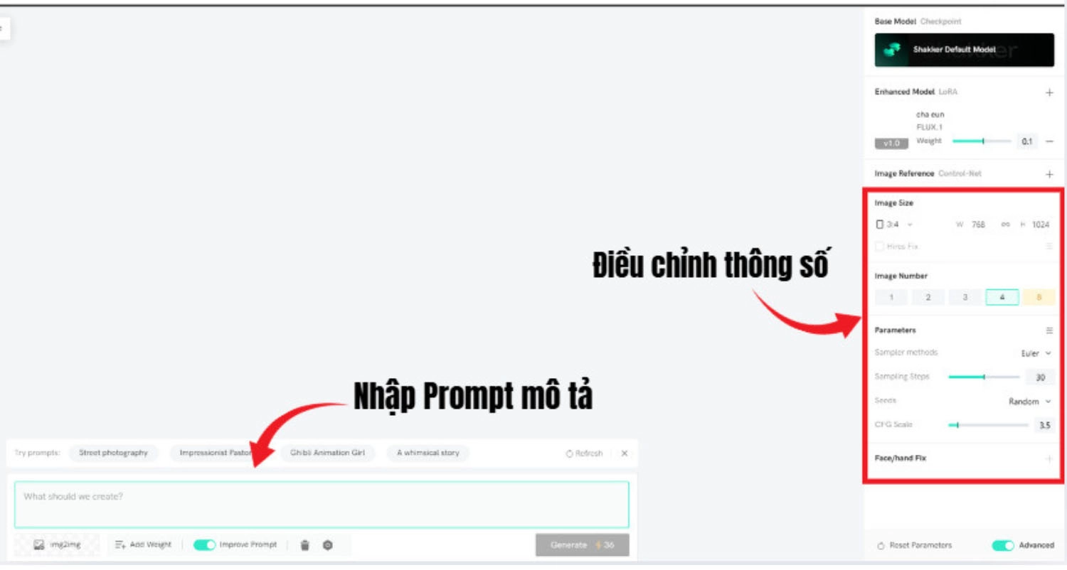 Nhập Prompt mô tả và điều chỉnh các thông số theo mong muốn