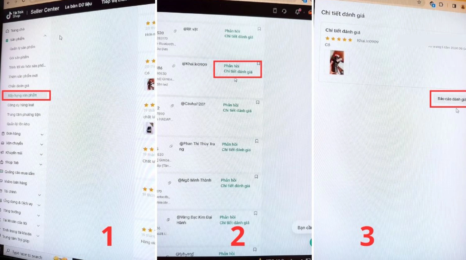 Truy cập TikTok Shop Seller Center > Xếp hạng sản phẩm > Phản hồi chi tiết đánh giá > Báo cáo đánh giá