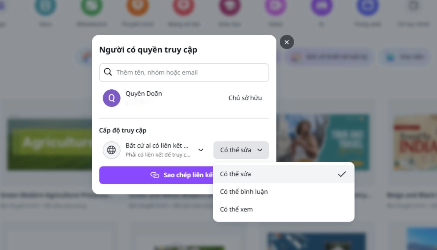Chọn cấp độ chia sẻ