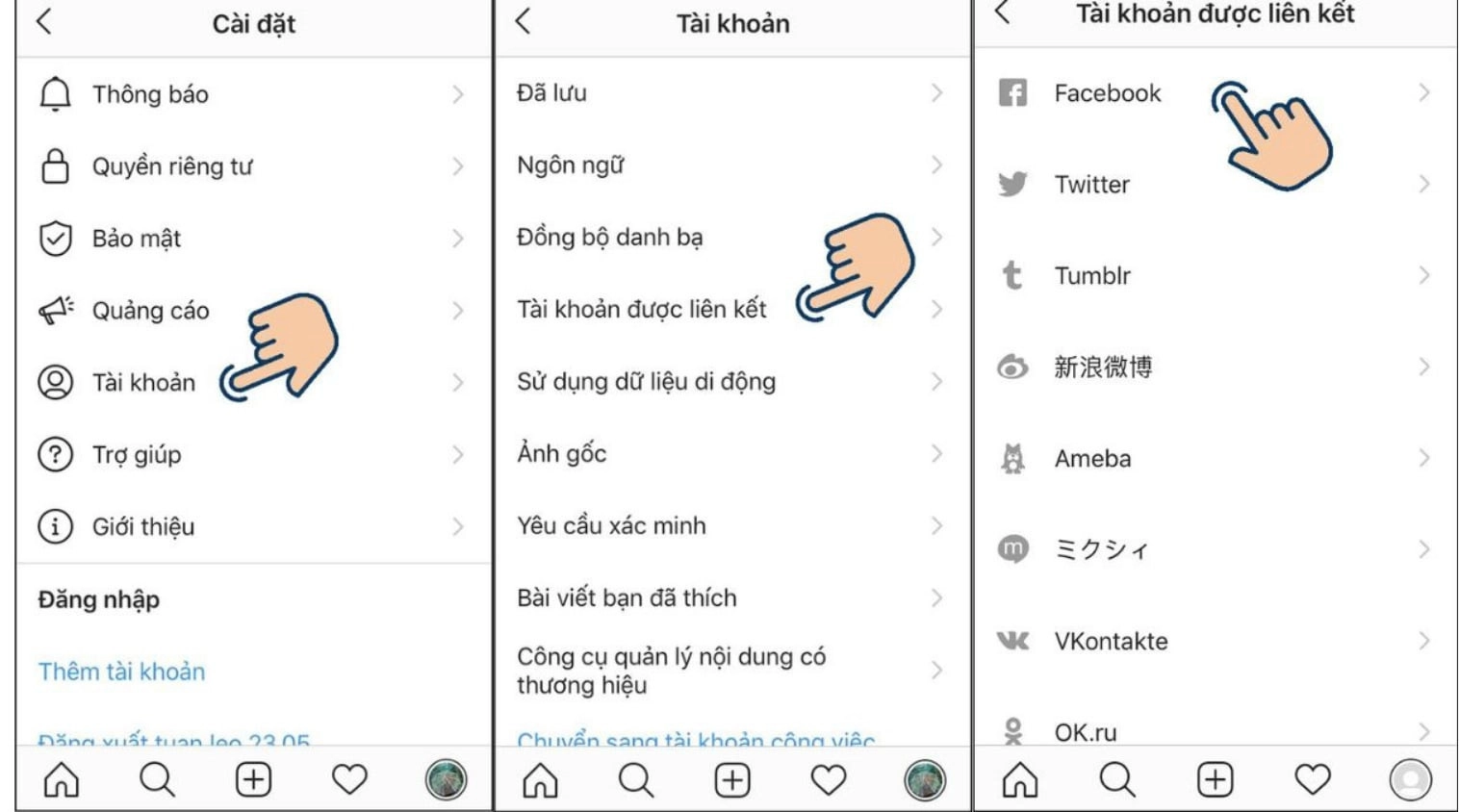 Chọn Tài khoản được liên kết và nhấn vào Facebook