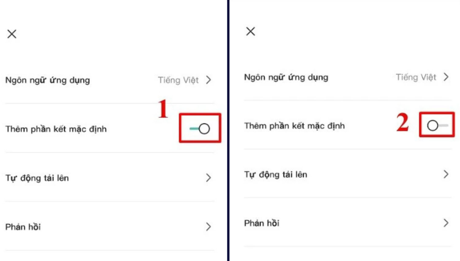 Tìm Thêm phần kết mặc định và gạt công tắc sang Tắt