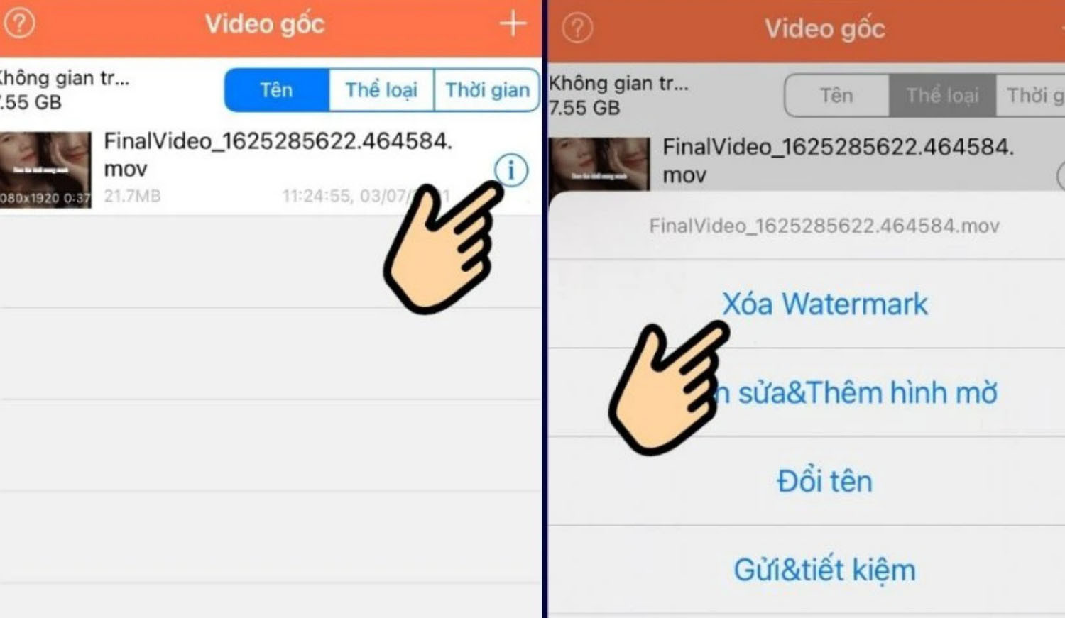 Nhấn vào biểu tượng chữ i > Chọn Xóa Watermark