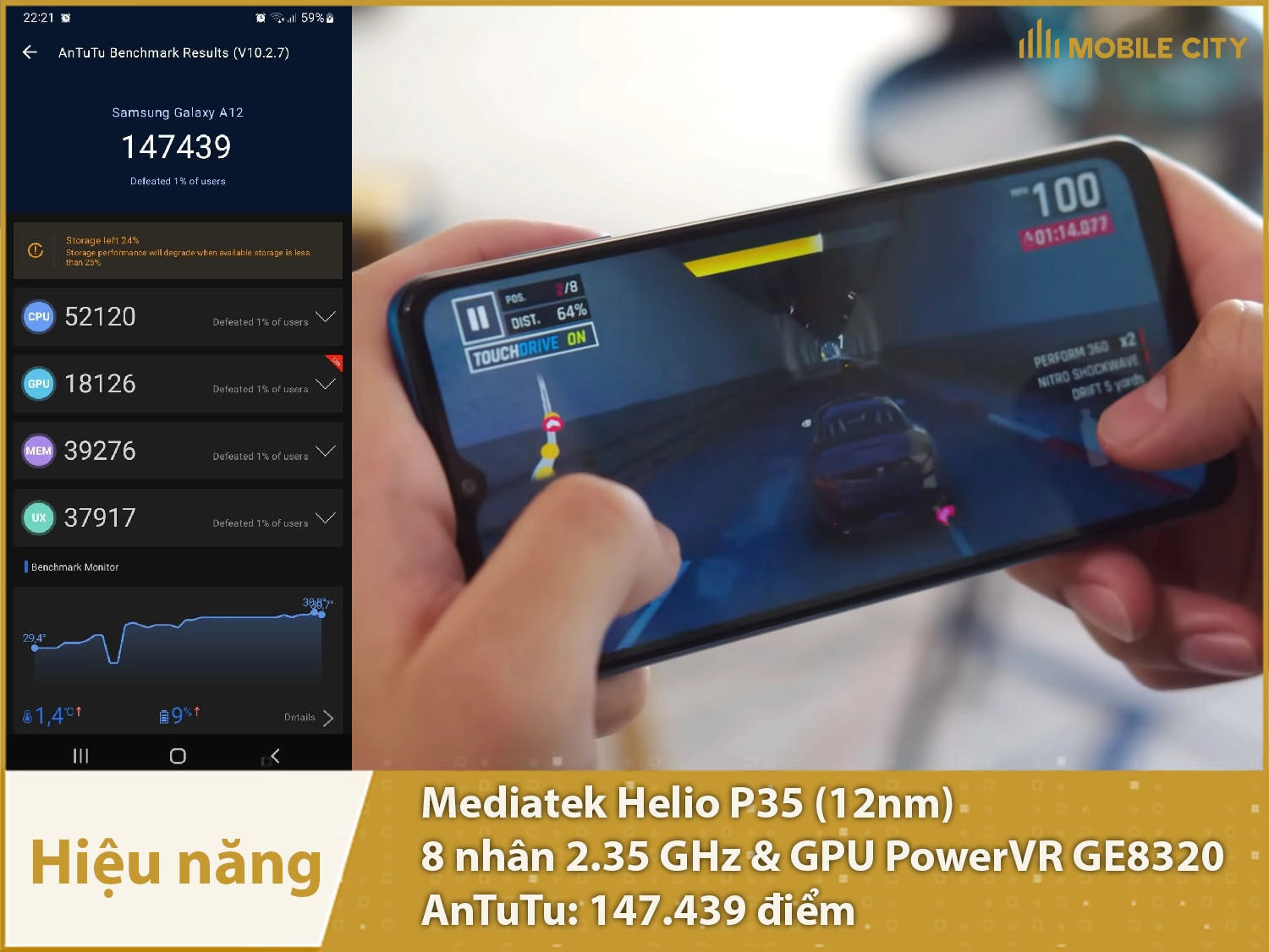Hiệu năng đủ dùng với chip 8 nhân với 147.439 điểm AnTuTu