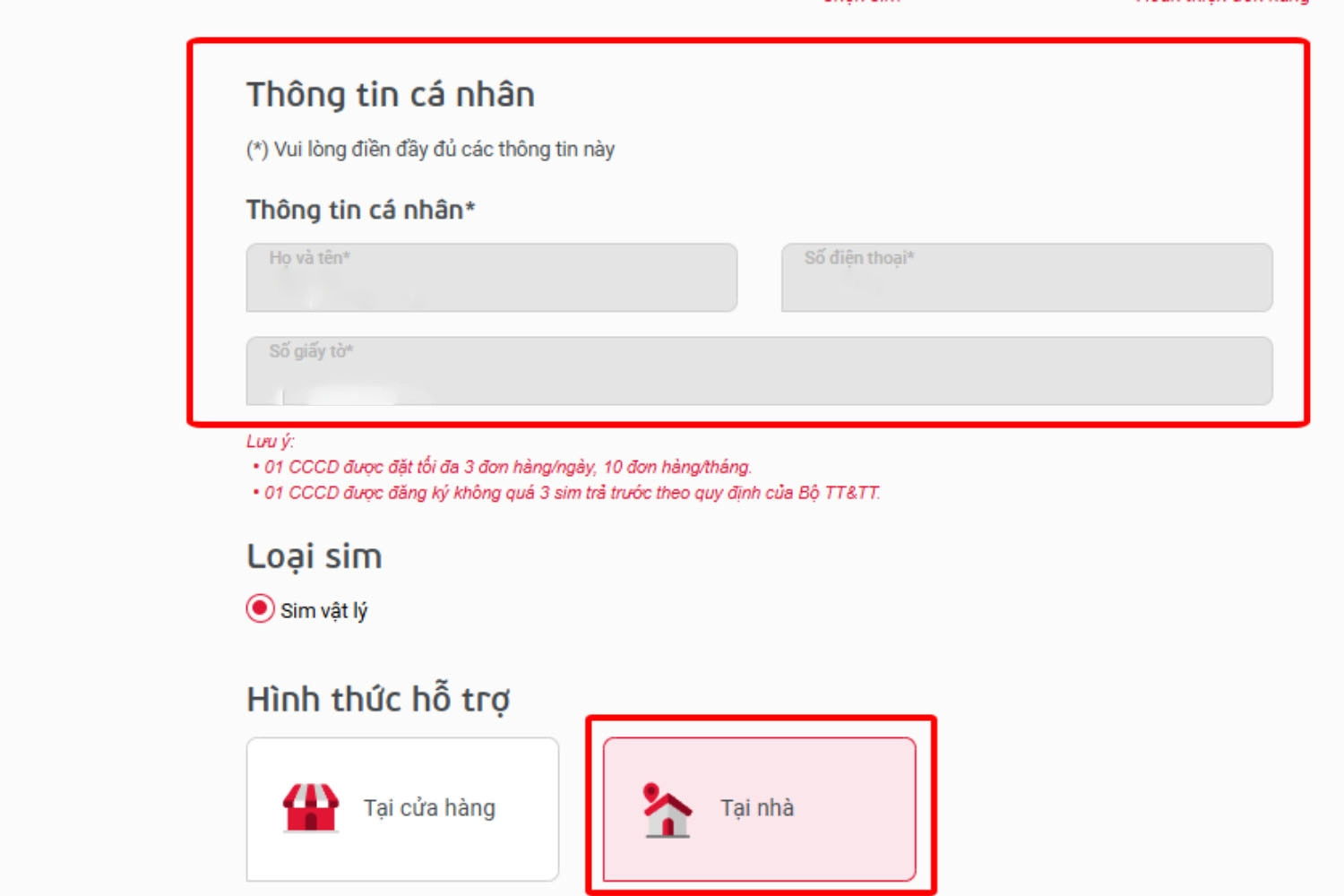 Điền đầy đủ thông tin cá nhân và chọn hình thức hỗ trợ là Tại nhà