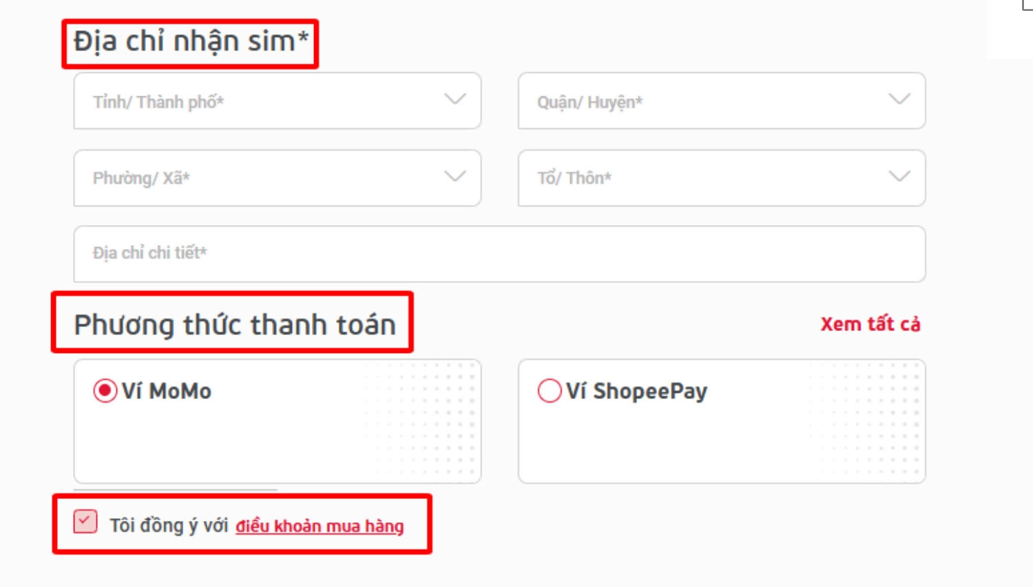 Tích chọn vào ô Tôi đồng ý với điều khoản mua hàng