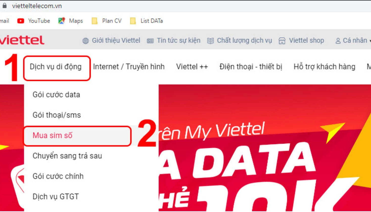 Chọn mục Dịch vụ di động, rồi chọn Mua sim số