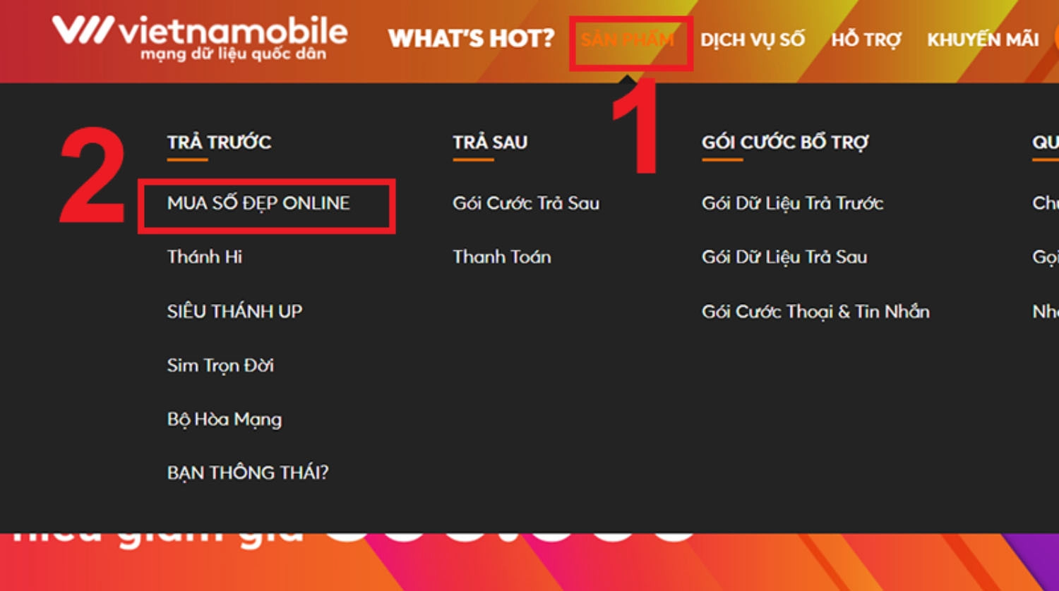 Chọn Sản phẩm, rồi nhấn Mua số đẹp Online